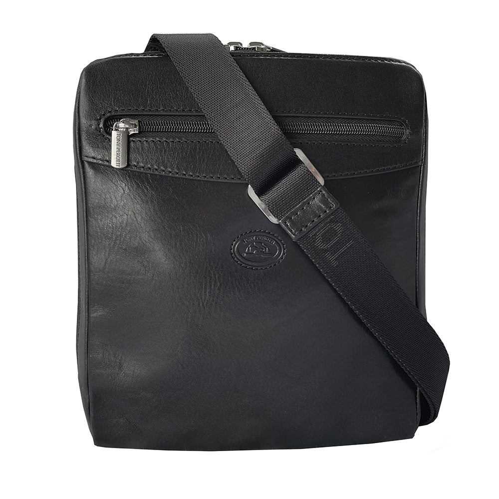 Tony Perotti Italico 9137-20 men's black leather crossbody bag — front view with zip pocket, embossed turtle emblem and jacquard strap