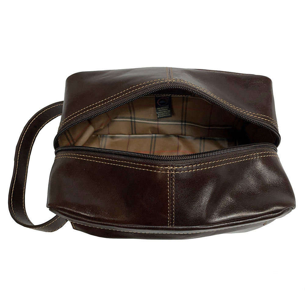 Brown leather toiletry bag open with tartan lining — Tony Perotti Italico 8146
