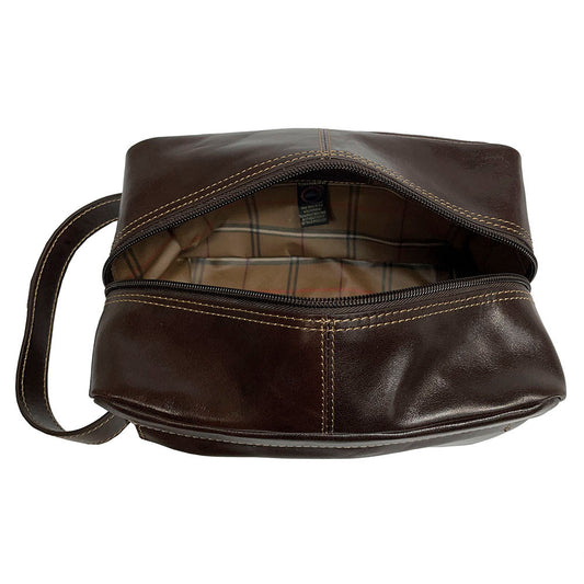 Brown leather toiletry bag open with tartan lining — Tony Perotti Italico 8146
