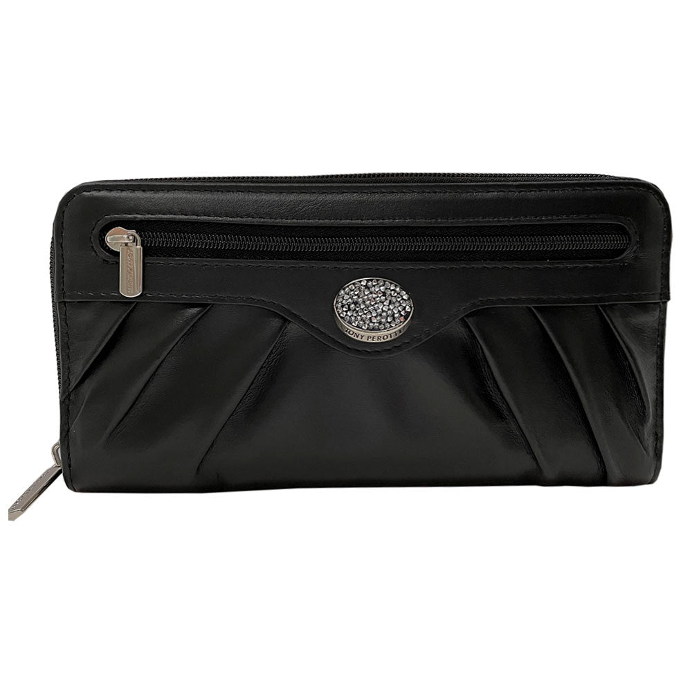 Tony Perotti Swarovski 3160 nero black leather wallet with crystal medallion and front zip pocket — handcrafted in Italy