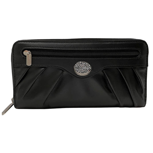 Tony Perotti Swarovski 3160 nero black leather wallet with crystal medallion and front zip pocket — handcrafted in Italy