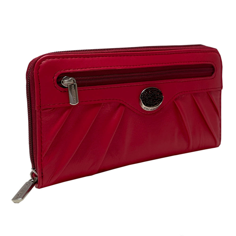 Red Swarovski 3160 zip-around wallet at an angle showing the crystal medallion