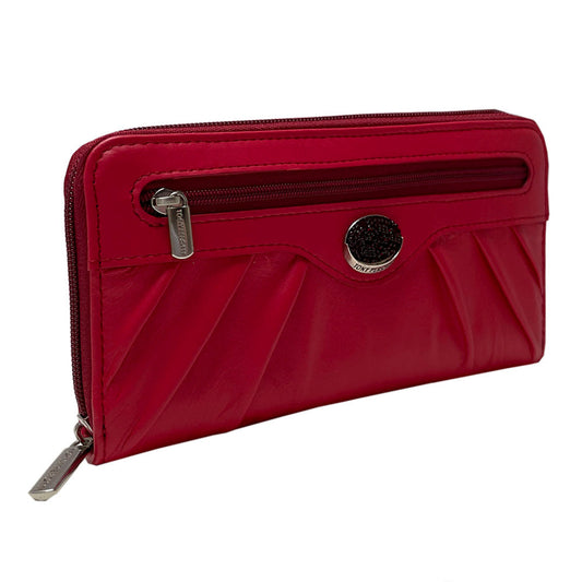 Red Swarovski 3160 zip-around wallet at an angle showing the crystal medallion