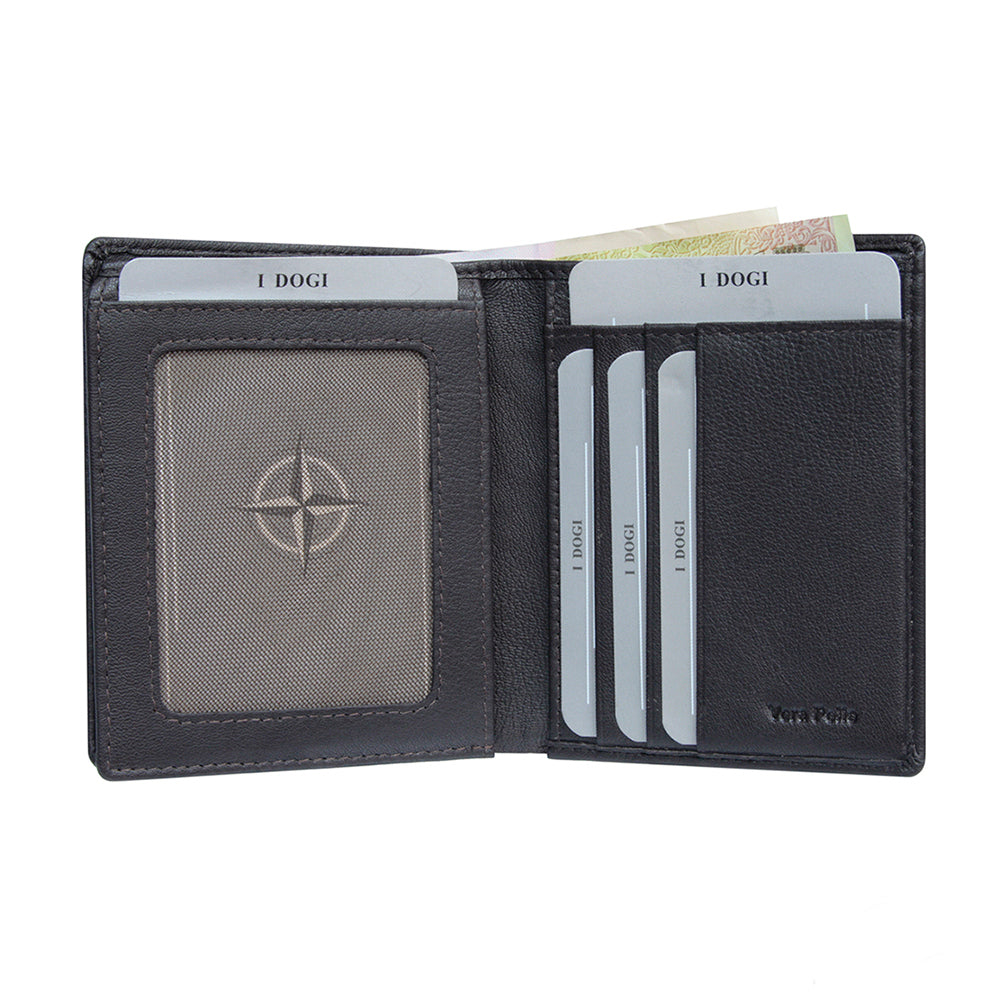 Dark brown leather bifold wallet card layout detail — Tony Perotti Cortina 5079