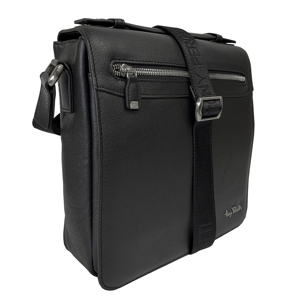 Black Tony Perotti Contatto 9207-24 large leather messenger bag at an angle — front zip pocket, top handle and the jacquard strap