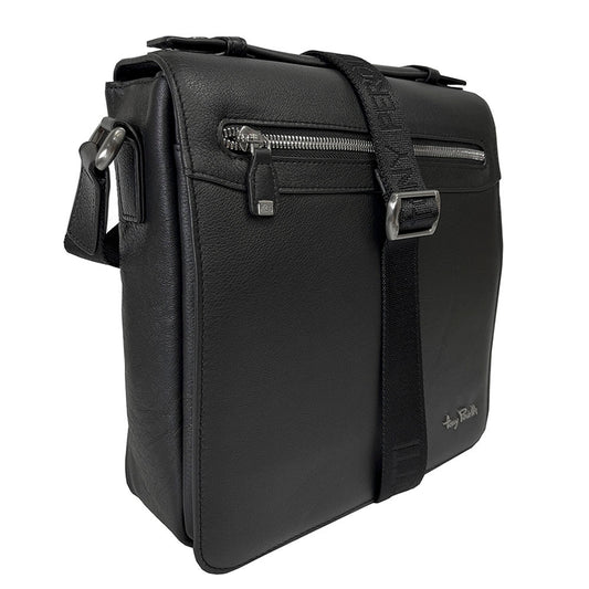 Black Tony Perotti Contatto 9207-24 large leather messenger bag at an angle — front zip pocket, top handle and the jacquard strap