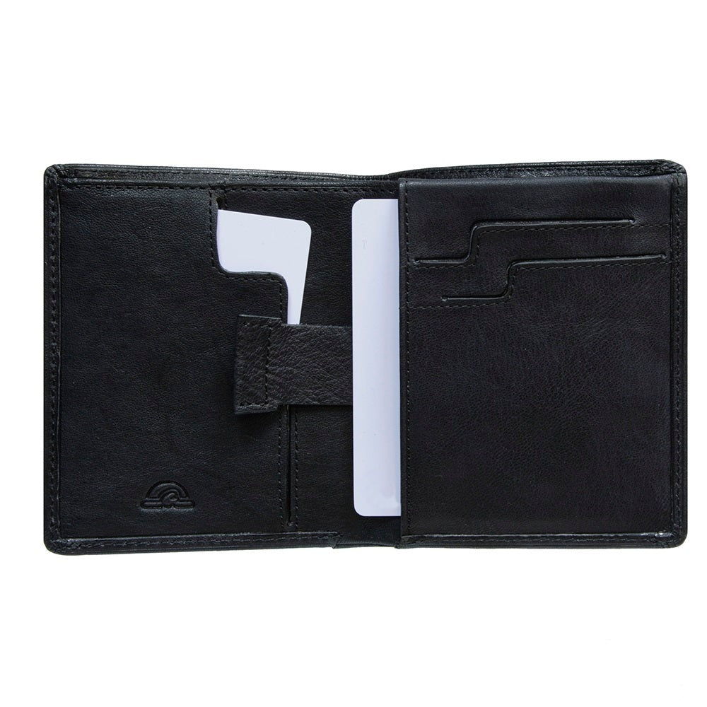 Open Tony Perotti Varsavia 3480 nero wallet with a leather pull tab on the card sleeve