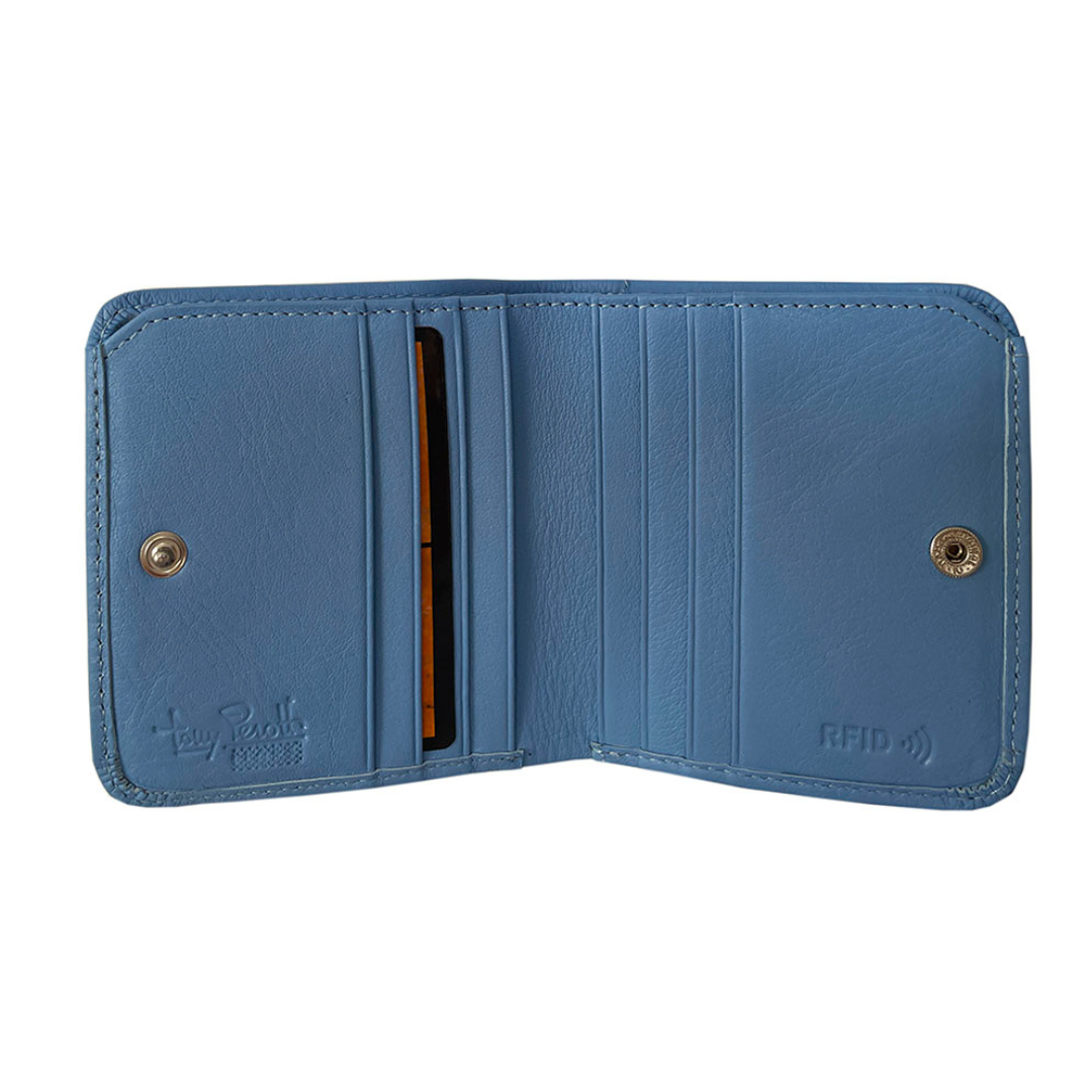 Open Tony Perotti light blue RFID bifold wallet showing card slots and snap closure