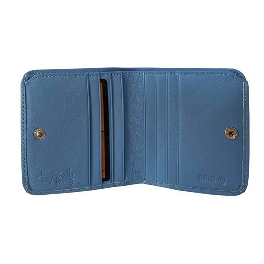 Open Tony Perotti light blue RFID bifold wallet showing card slots and snap closure