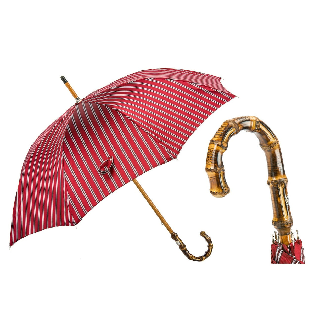 Pasotti men's red striped umbrella with bamboo handle, open, with a close-up of the handle — 142 51880-2 B