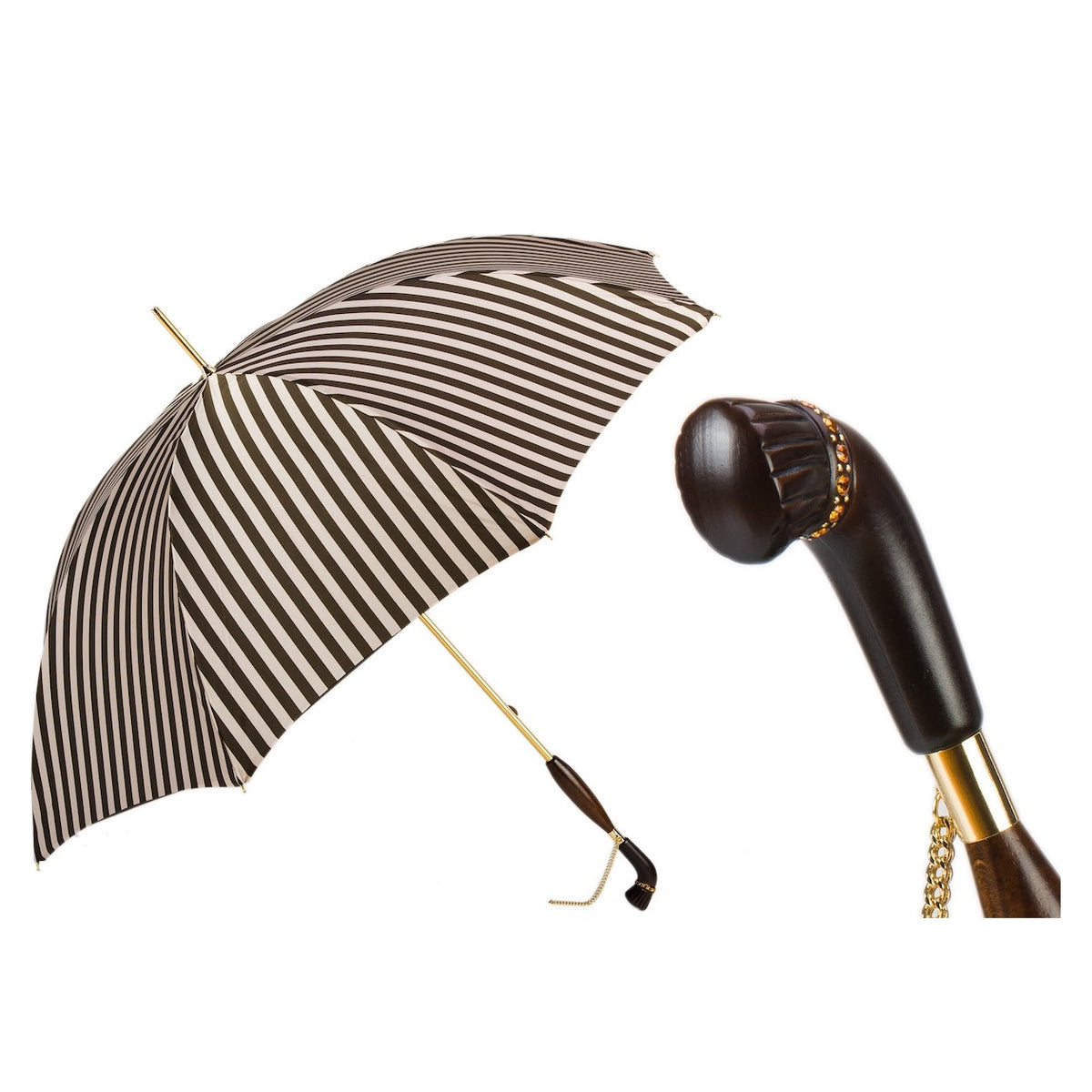 Pasotti women's brown and beige striped umbrella with wooden handle and Swarovski crystals, open, with a close-up of the handle — 189 21352-2 Z1
