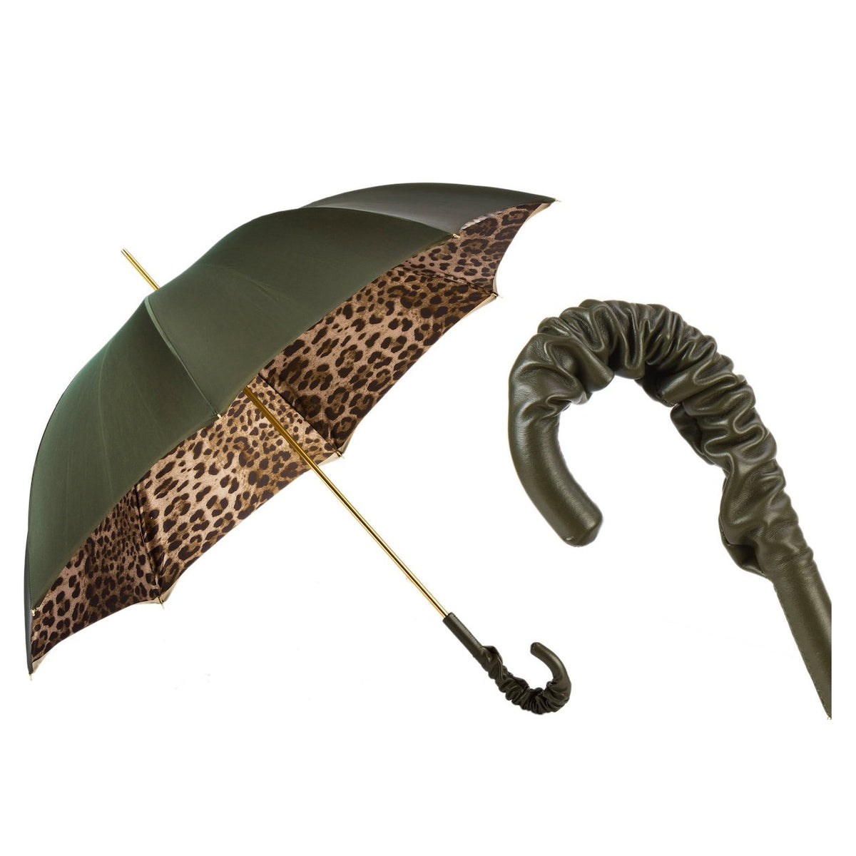 Pasotti women's olive green umbrella with leopard print inside, open, with a close-up of the ruched leather handle — 189 90115-5 A35