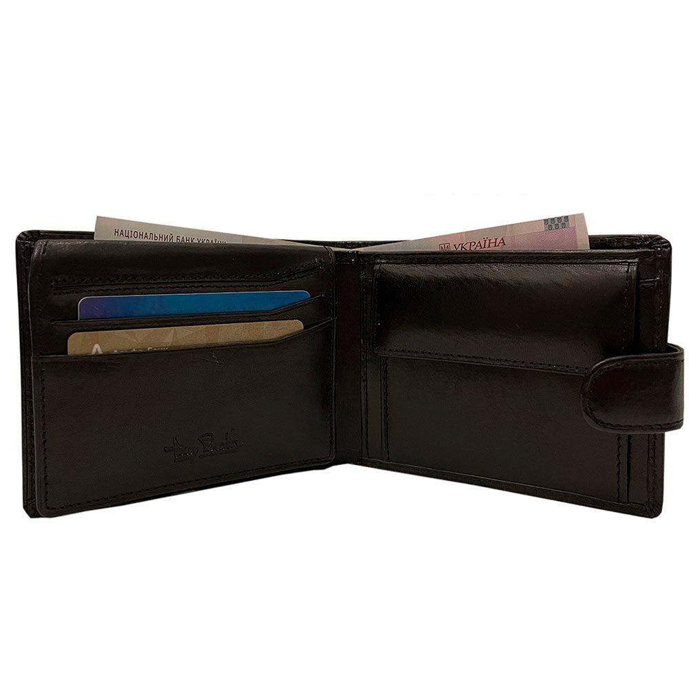 Open black leather bifold wallet with card slots and coin pocket — Tony Perotti Italico 396A-Q