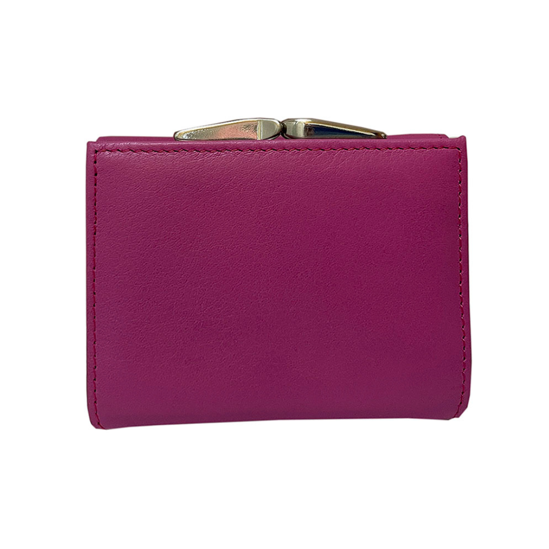 Pink Tony Perotti wallet with rear kiss-lock coin pocket — closed back view