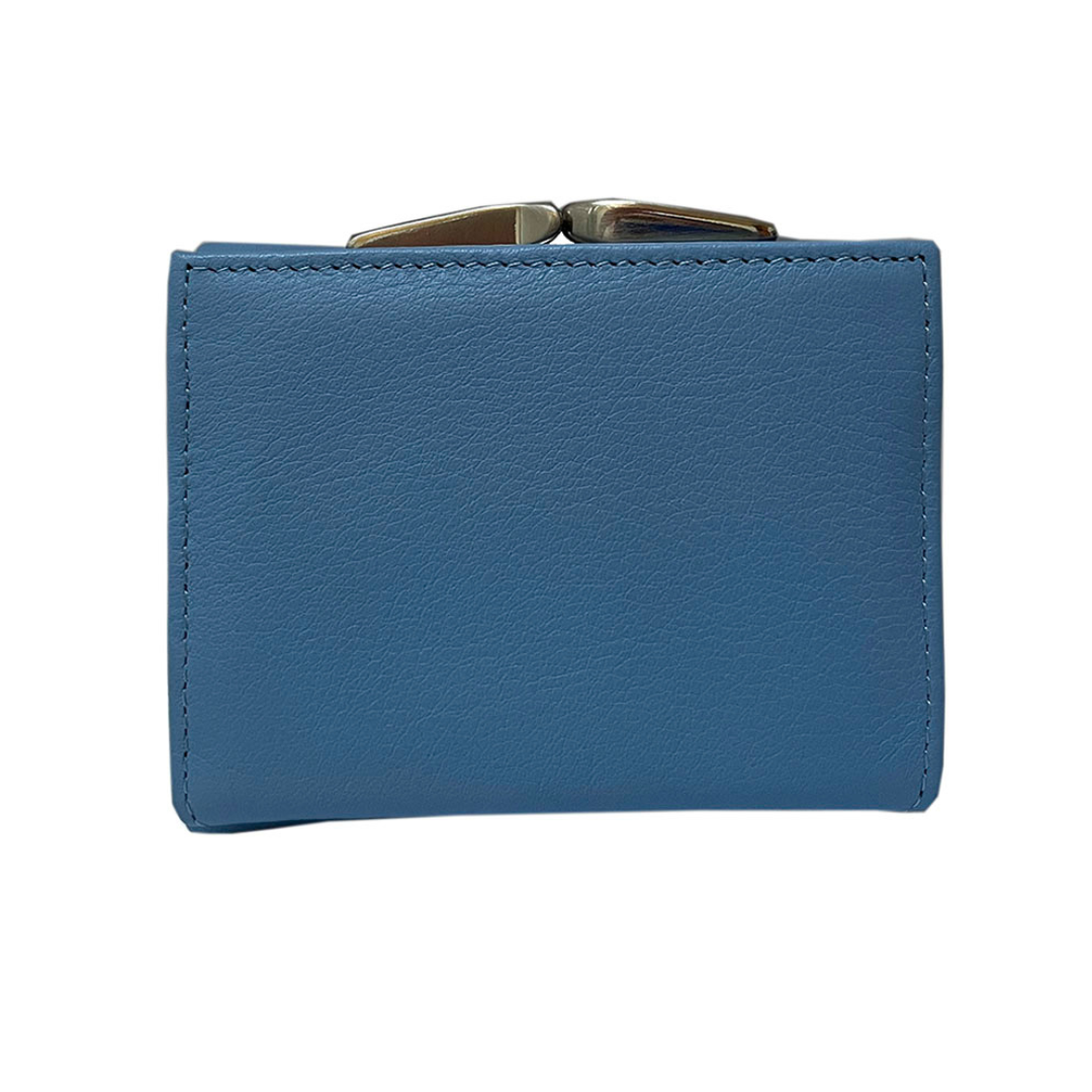 Tony Perotti light blue leather wallet — back view with kiss-lock coin pocket