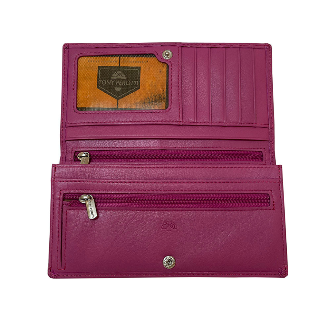 Open Tony Perotti fuchsia RFID flap wallet with bill compartments and zip coin pocket