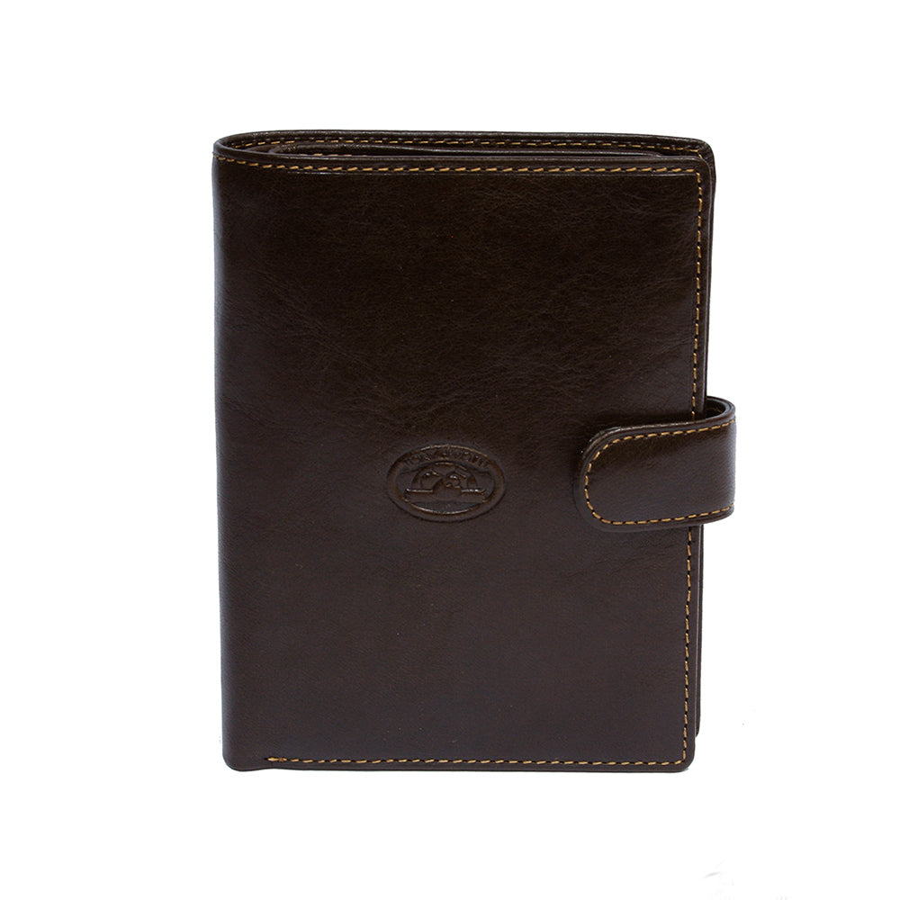 Dark Brown leather passport wallet Tony Perotti Italico 2242 moro — front with the embossed oval turtle emblem, tan contrast stitching and the closure tab