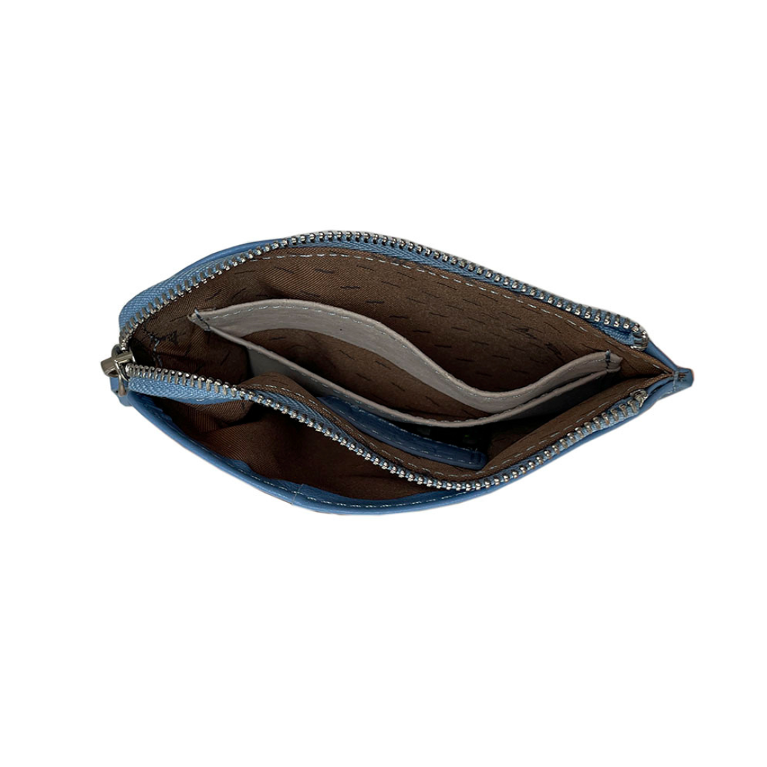 Open Tony Perotti light blue card holder showing zip compartment and interior sections