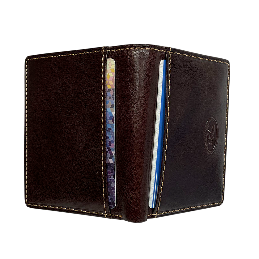 Dark brown leather card holder open with cards in the outer slots — Tony Perotti Italico 1034N moro