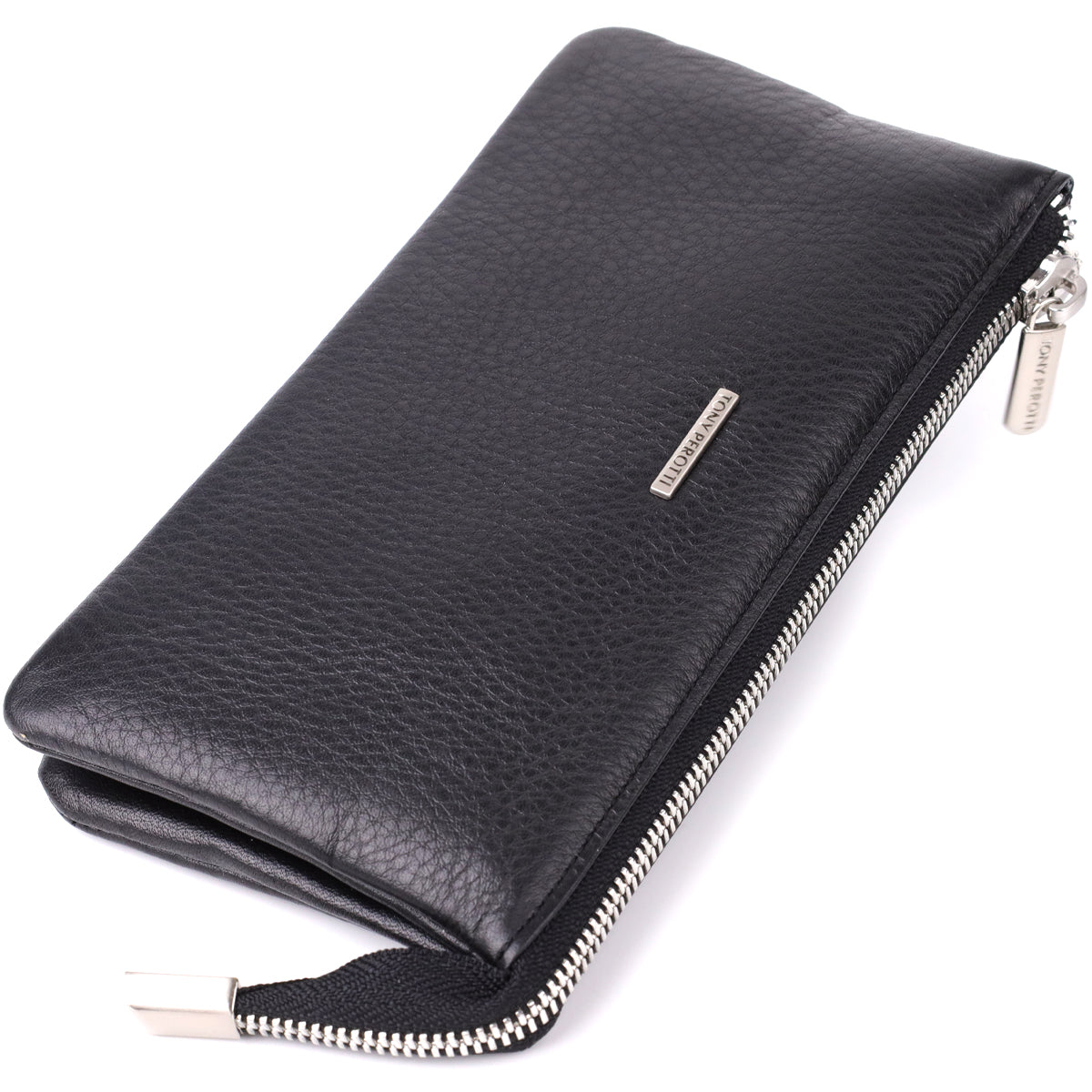Tony Perotti New Contatto 2651 nero black pebble-grain clutch wallet at an angle — the zip along the edge and the metal TONY PEROTTI plate