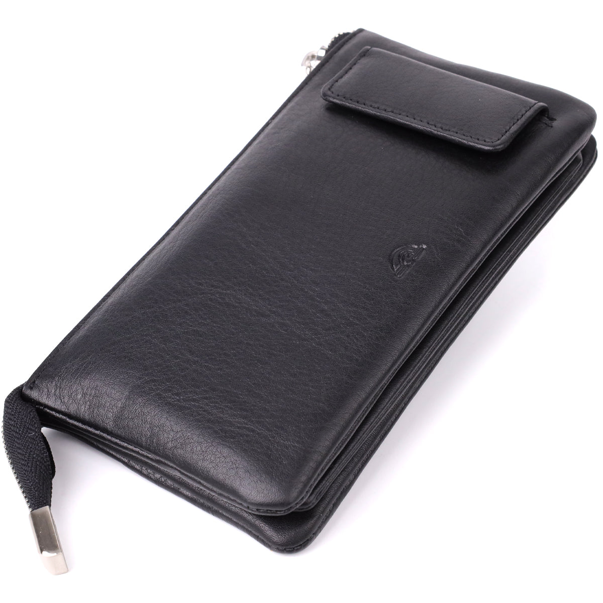Back of the New Contatto 2651 nero — the removable card insert on a snap tab and the embossed turtle emblem