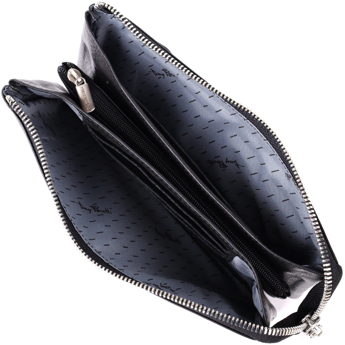 New Contatto 2651 nero unzipped — the banknote compartments and the zipped coin section, grey Tony Perotti lining