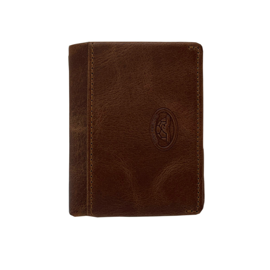 Tony Perotti Arno 1034N whisky — the tan leather card holder closed, front face with the embossed oval Tony Perotti emblem