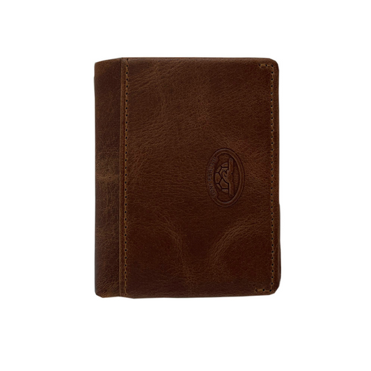 Tony Perotti Arno 1034N whisky — the tan leather card holder closed, front face with the embossed oval Tony Perotti emblem