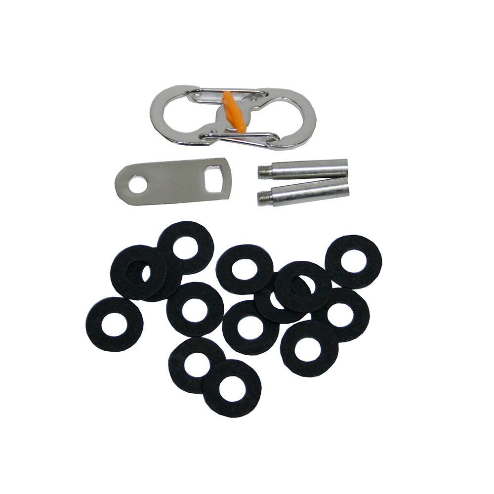 Tony Perotti Nevada KR-198 — the included set: carabiner clip, bottle-opener plate, two spare screw posts and a pack of washers