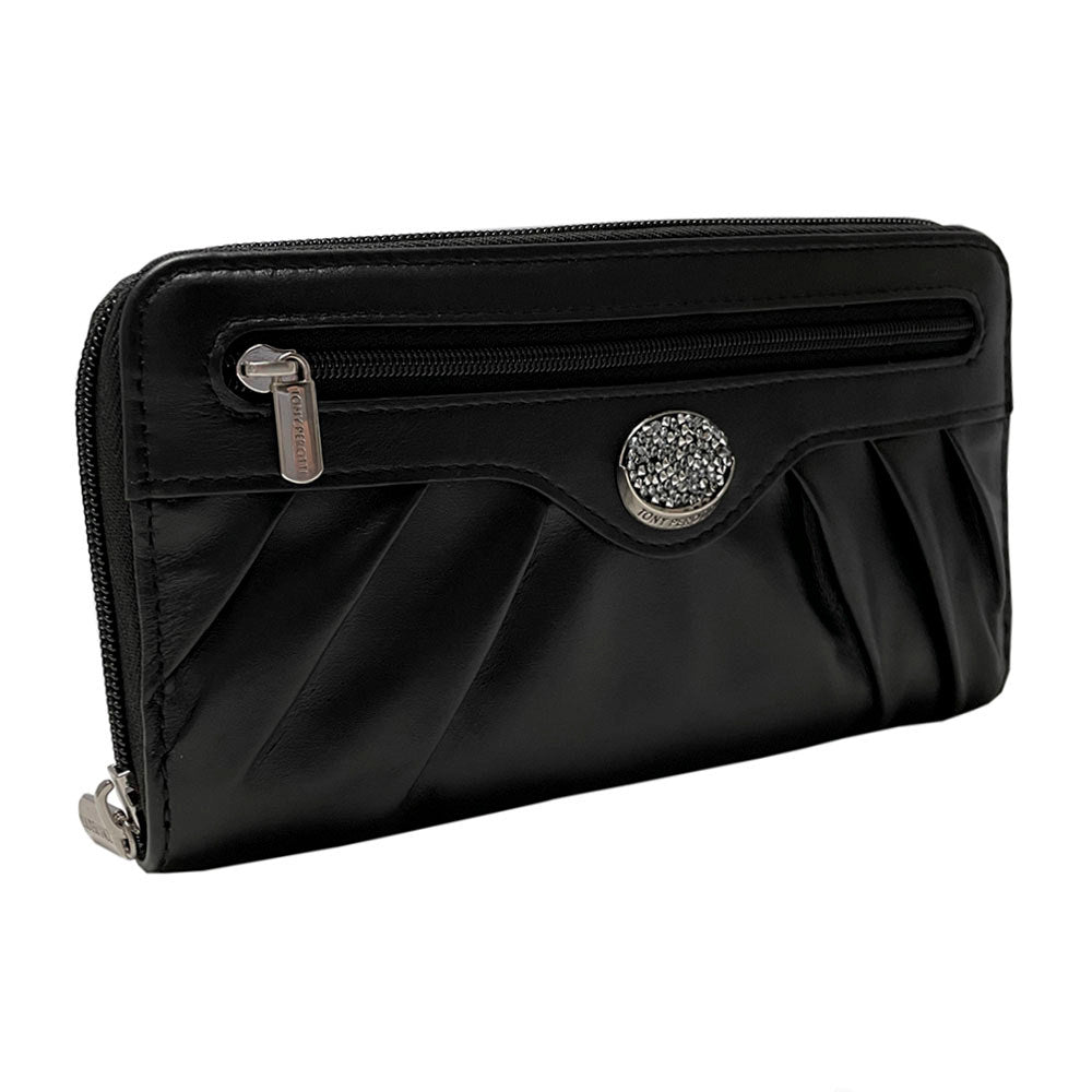 Black Swarovski 3160 zip-around wallet at an angle showing the crystal medallion