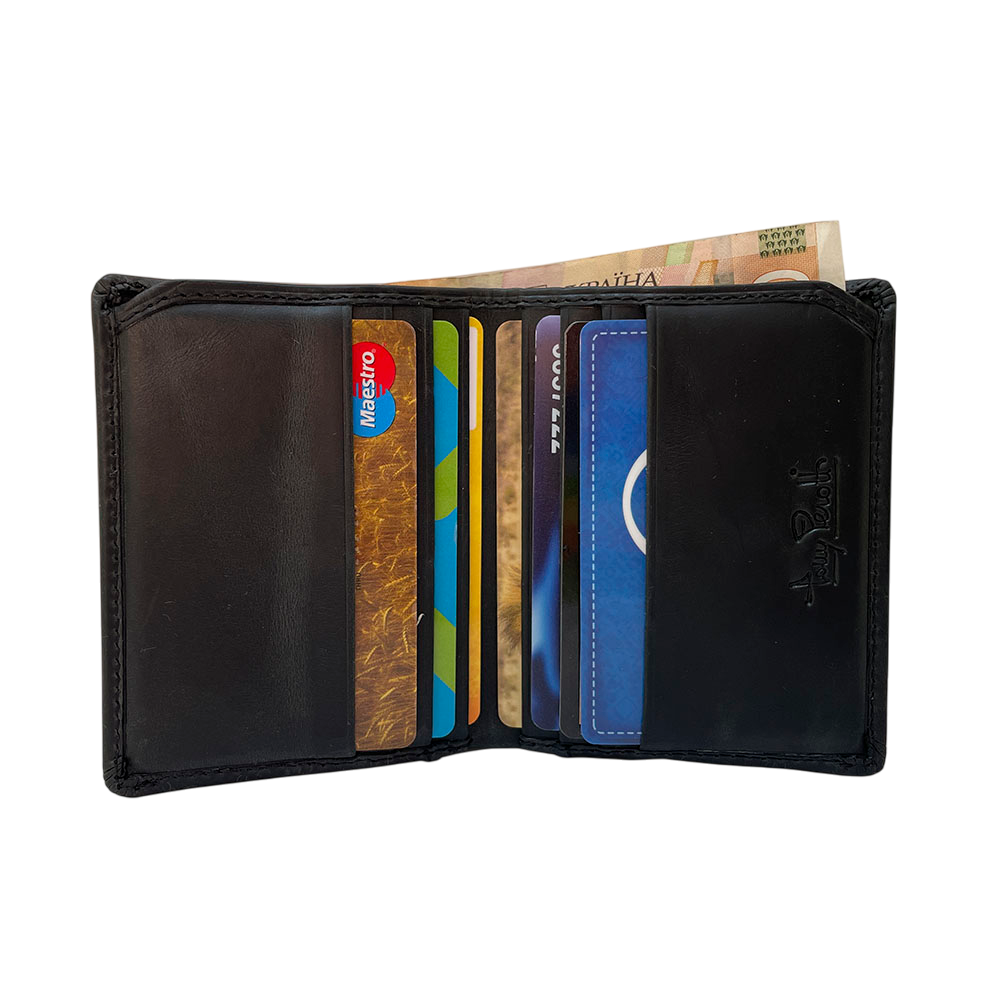 Tony Perotti Arno 1034N nero — open and filled: four cards in the slots on each half and banknotes folded between them