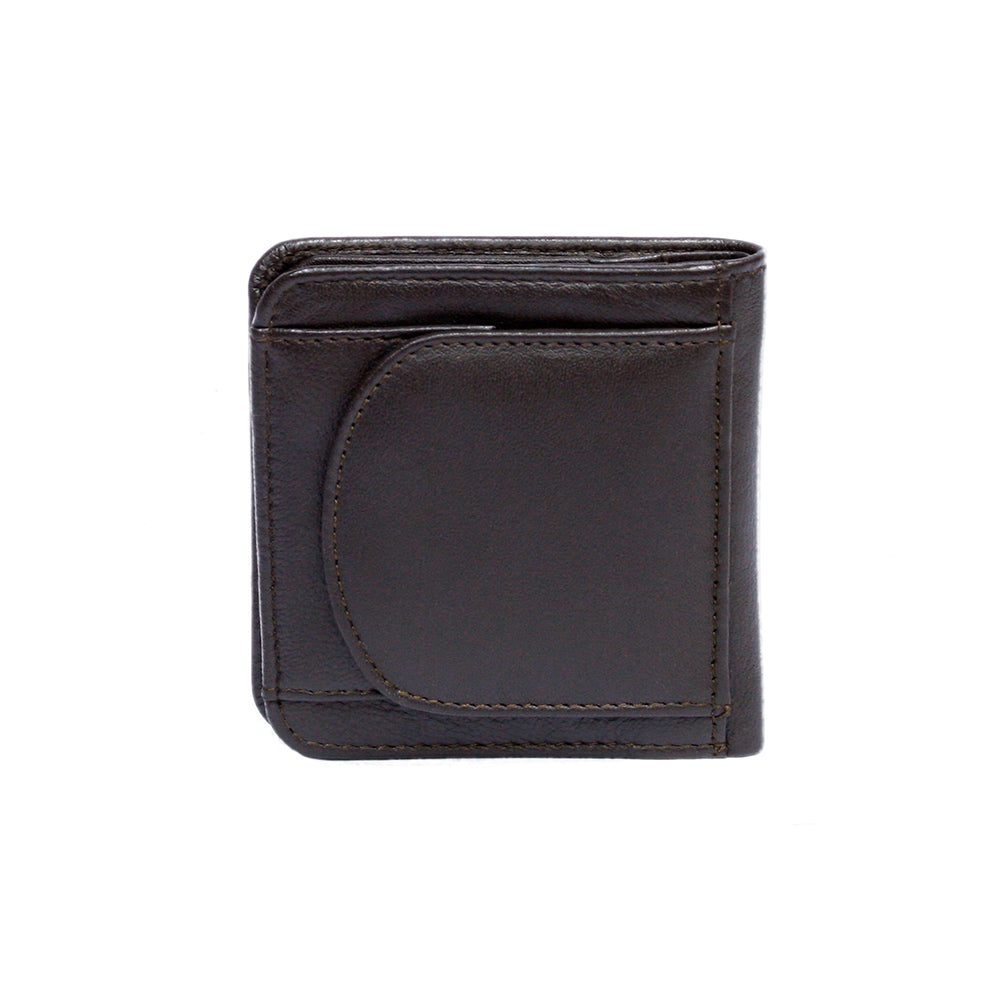 Back of the dark brown Tony Perotti Cortina 5019 wallet with the rounded coin-pocket flap on its press stud