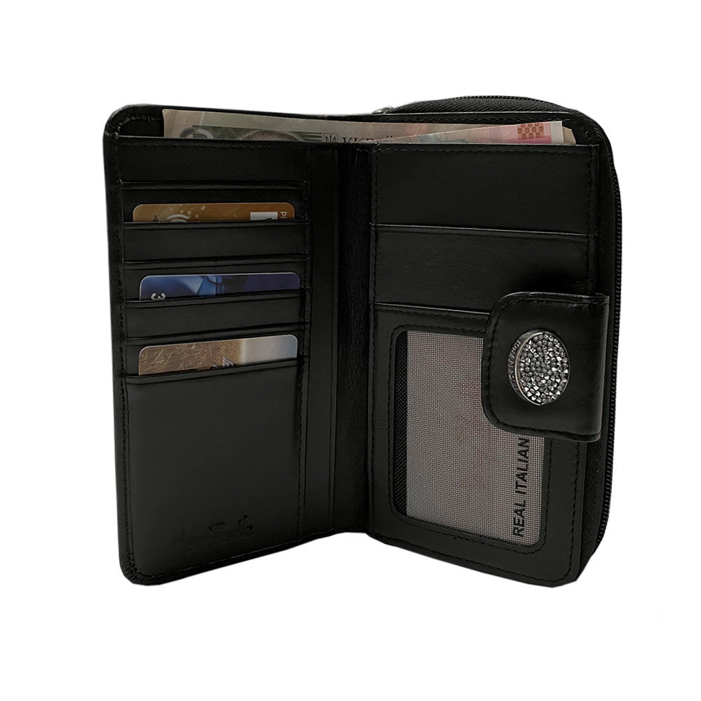 Black Swarovski wallet open showing card slots and mesh ID window