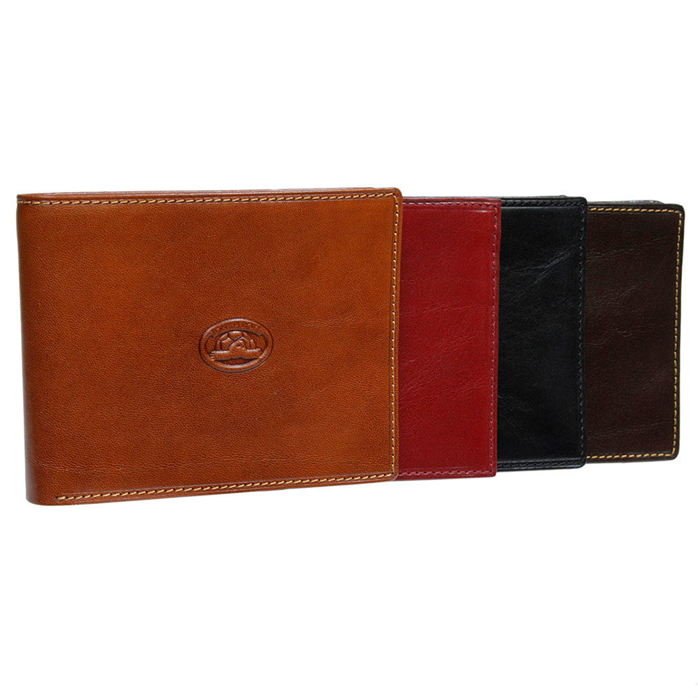 Tony Perotti cognac bifold wallet open to show bill compartment and branded lining