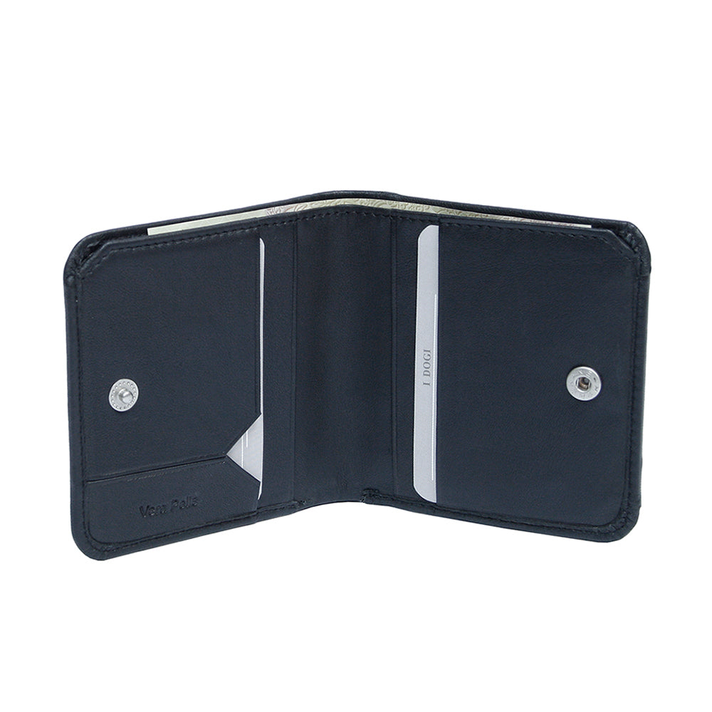 Tony Perotti Cortina 5019 opened — a card slot and a slip pocket on each panel and a banknote in the compartment behind (black colourway shown)