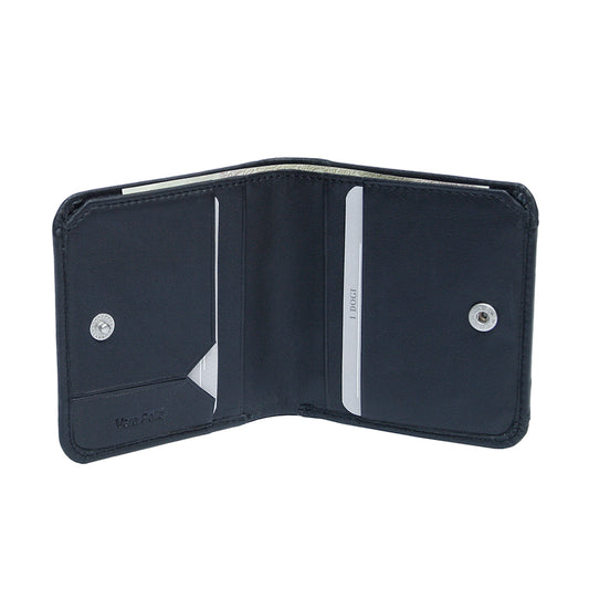 Tony Perotti Cortina 5019 opened — a card slot and a slip pocket on each panel and a banknote in the compartment behind (black colourway shown)