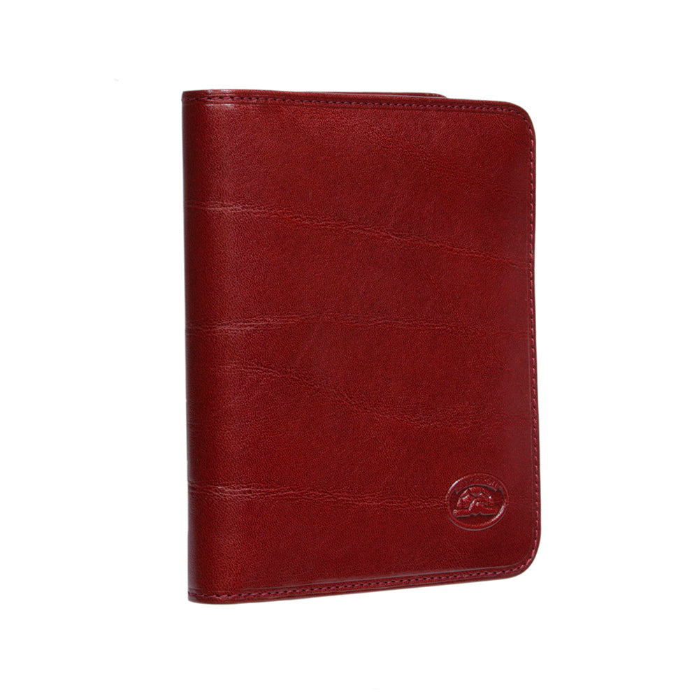 Red leather business card holder closed, angled view — Tony Perotti Italico 2612 rosso