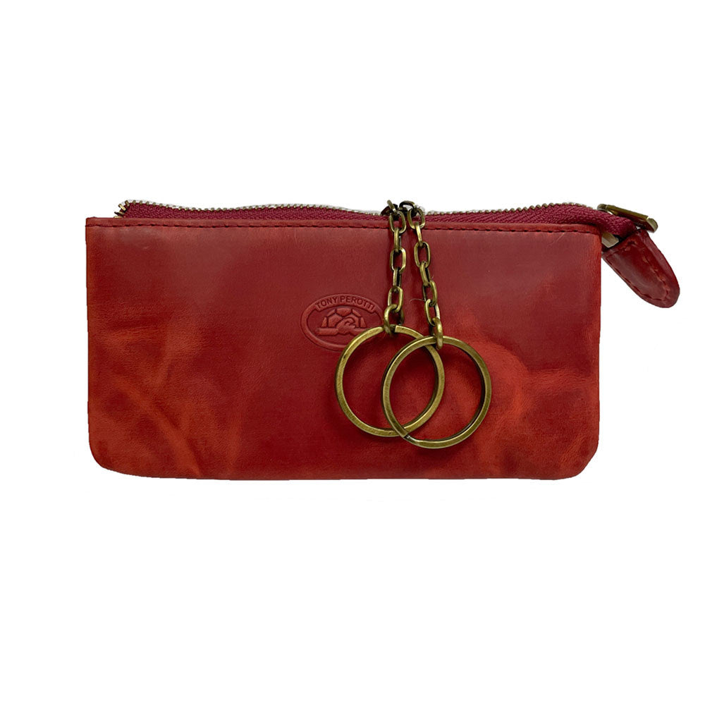 Tony Perotti Arno 3350 rosso red leather key case — front with the embossed turtle emblem and two antique brass key rings on chains