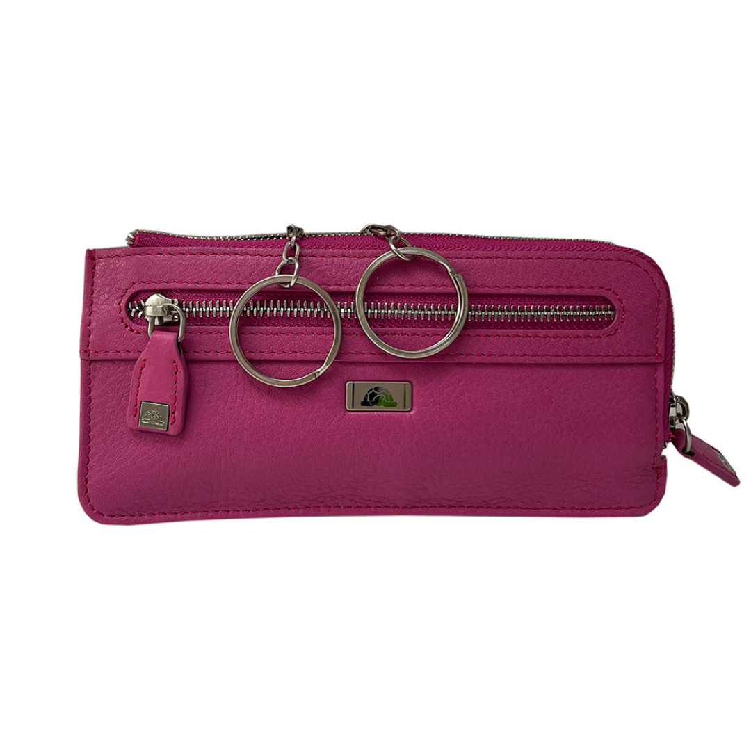 Tony Perotti Contatto 2376 dalia — fuchsia leather key pouch with the two rings on chains pulled out and the silver turtle plaque on the front