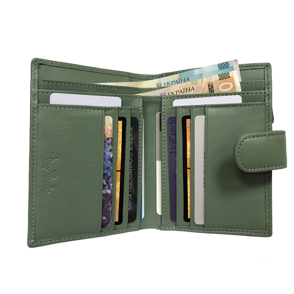 Sage green New Rainbow 1654 wallet open with banknotes and card slots