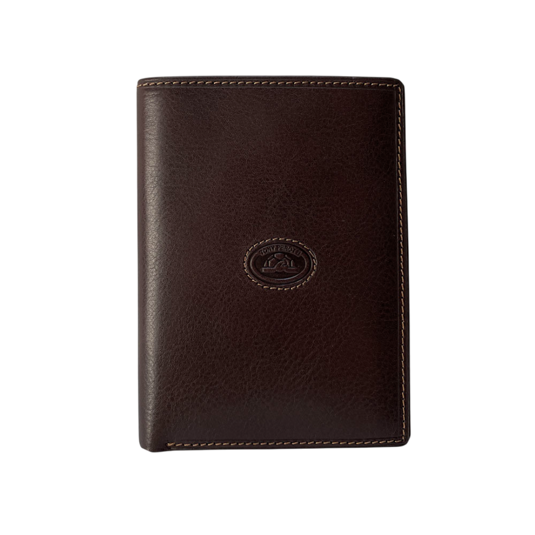 Dark Brown leather passport wallet Tony Perotti Italico 3450Q moro — front with the embossed oval turtle emblem