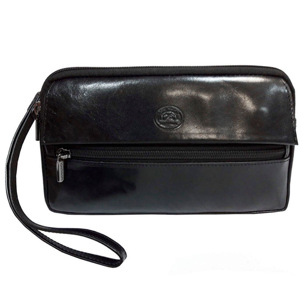 Tony Perotti Italico 9405 men's black leather clutch — front view with flap, embossed turtle emblem, front zip pocket and wrist strap