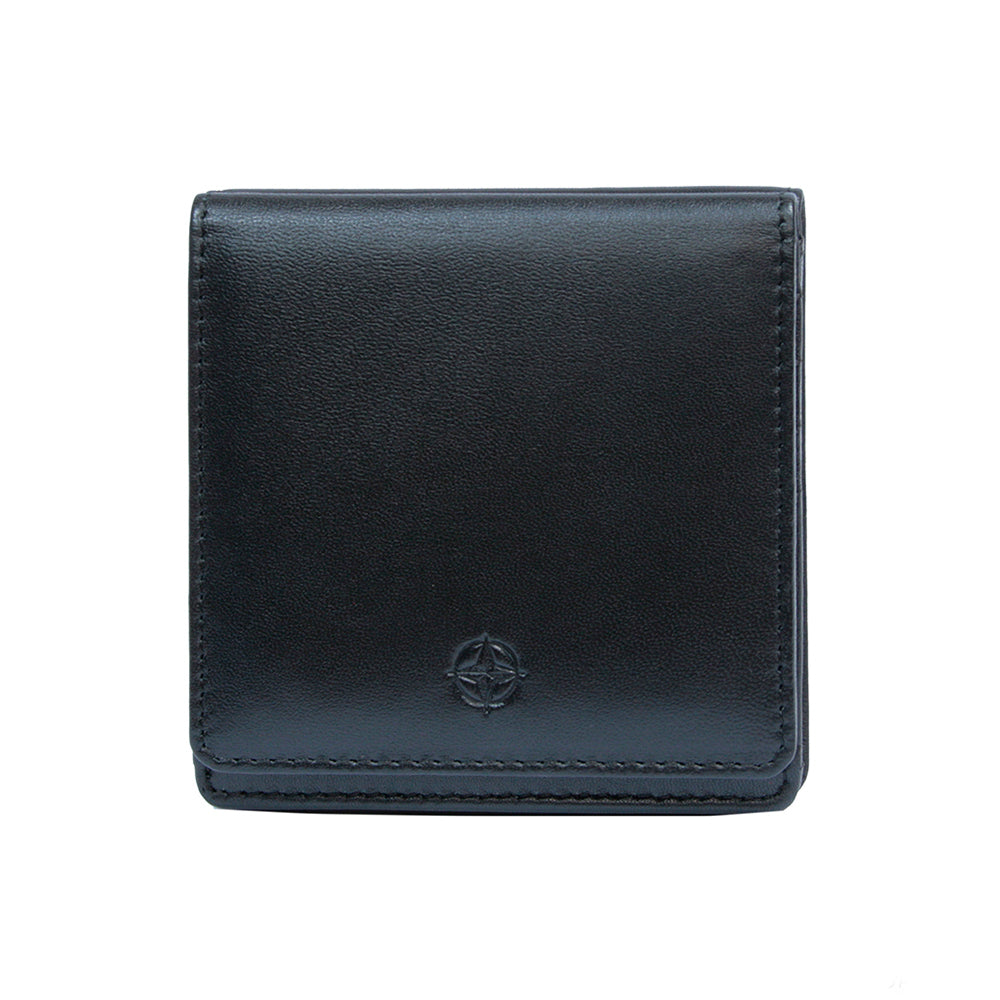 Black Tony Perotti Cortina 5064 mini square wallet seen straight on, closed, with the embossed compass rose on the flap