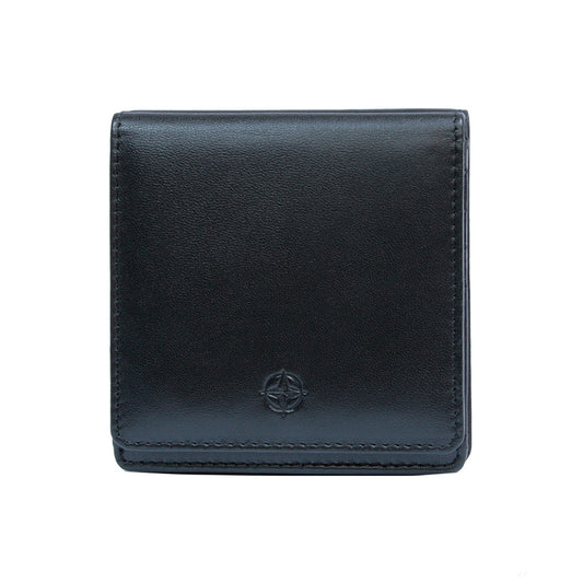 Black Tony Perotti Cortina 5064 mini square wallet seen straight on, closed, with the embossed compass rose on the flap