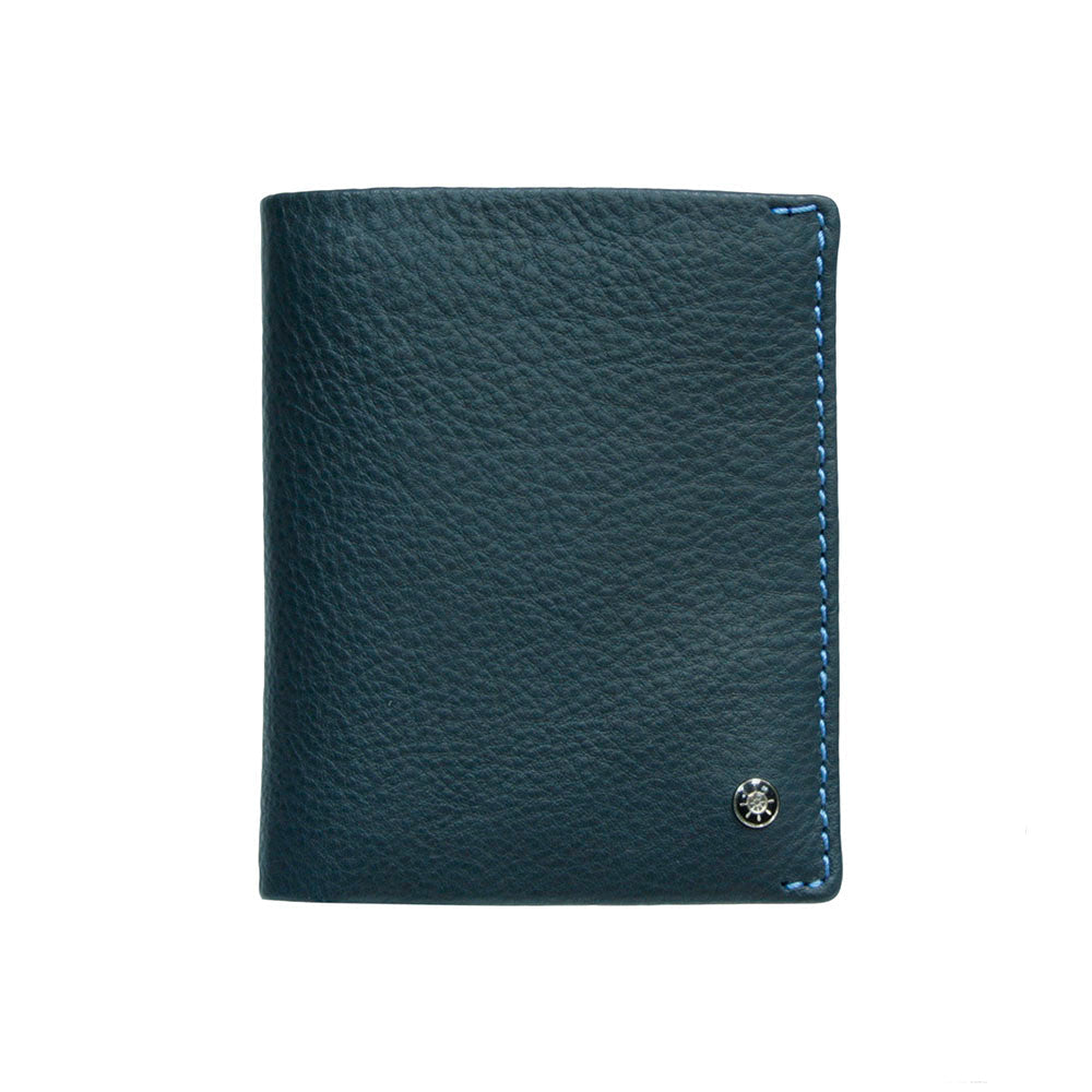 Tony Perotti Timone 11071 navy compact leather wallet, front with ship's wheel plate and blue stitching