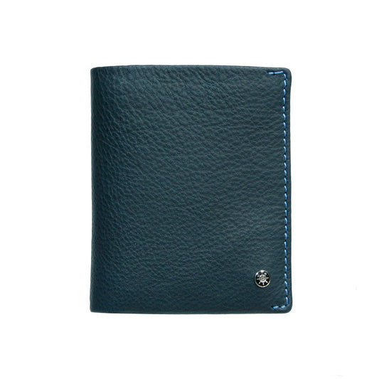 Tony Perotti Timone 11071 navy compact leather wallet, front with ship's wheel plate and blue stitching