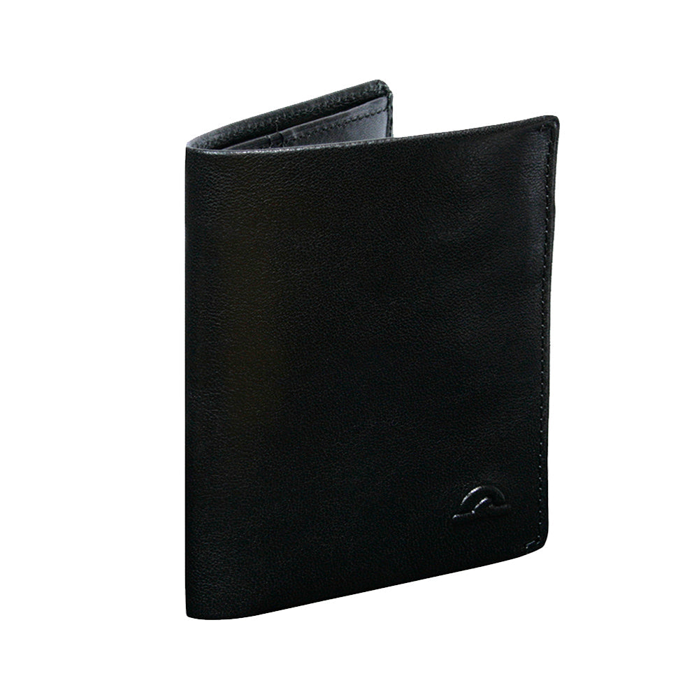Three-quarter view of the Tony Perotti Nevada 3549 nero black leather wallet with embossed emblem
