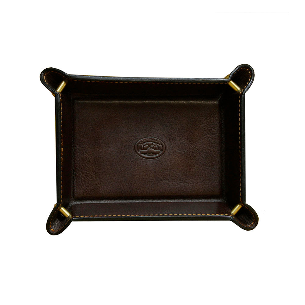 Tony Perotti Scrittoio 1365S moro — the dark brown leather valet tray from above, embossed turtle in the centre of the base