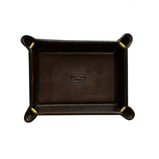 Tony Perotti Scrittoio 1365S moro — the dark brown leather valet tray from above, embossed turtle in the centre of the base