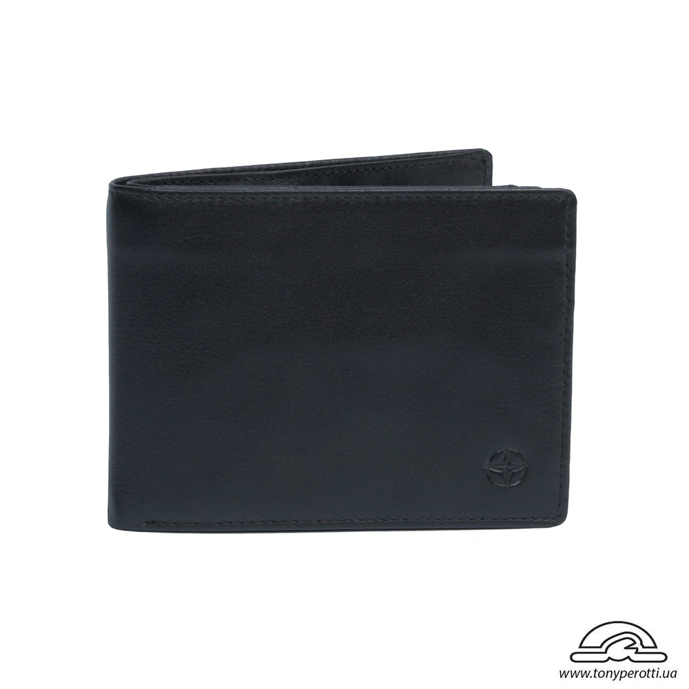Black Tony Perotti Cortina 5036 leather bifold wallet, closed — front with the embossed compass rose in the lower corner